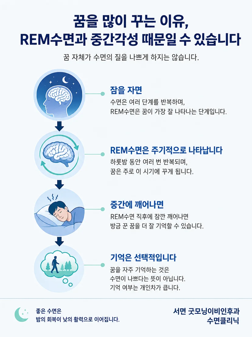 비REM수면과 REM수면이 밤사이 반복되는 과정을 보여주는 설명 그림