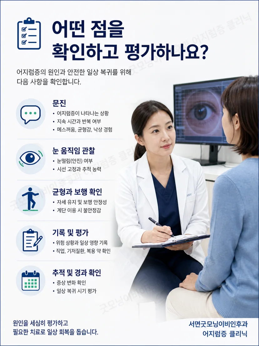이석증 진료에서 증상 문진과 자세에 따른 눈 움직임을 확인하는 과정