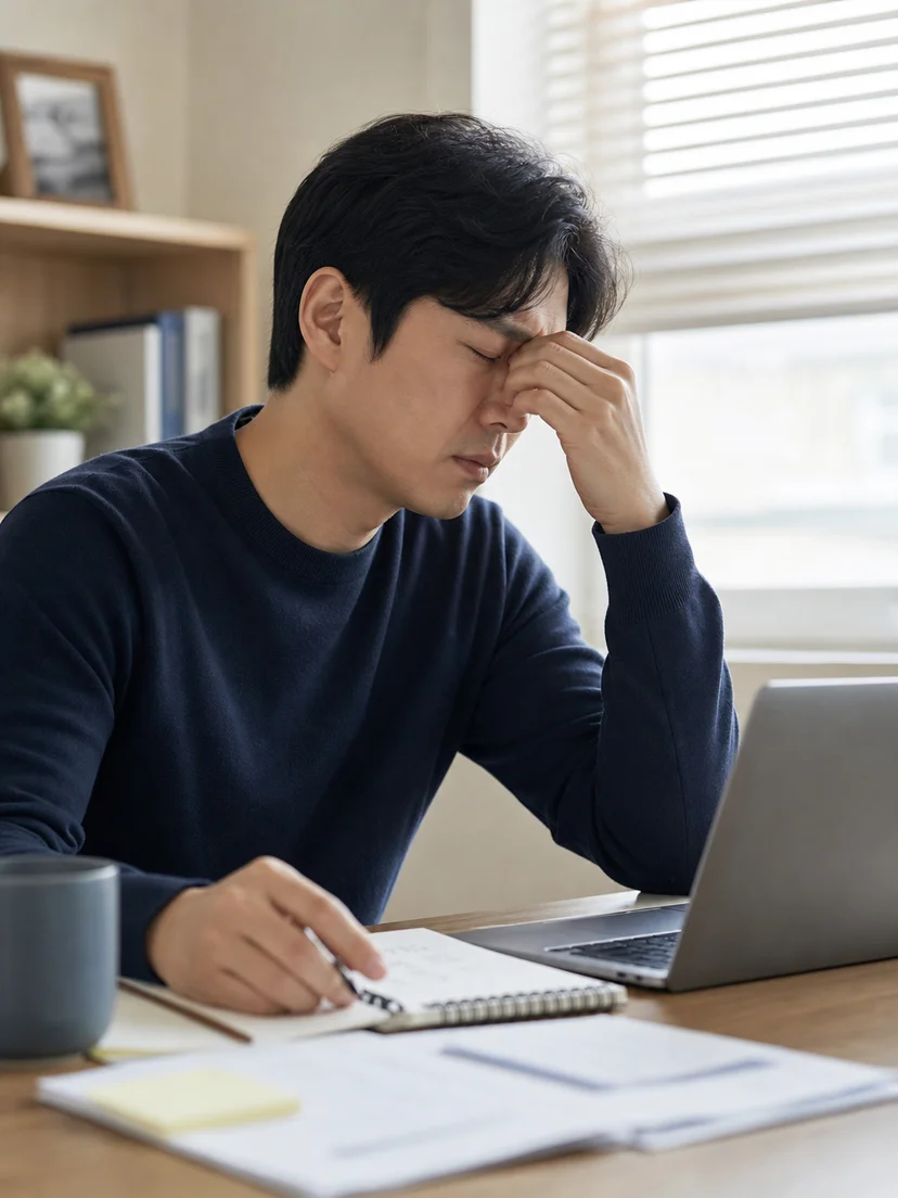 낮 동안 피로와 집중력 저하를 경험하는 환자 상황 이미지