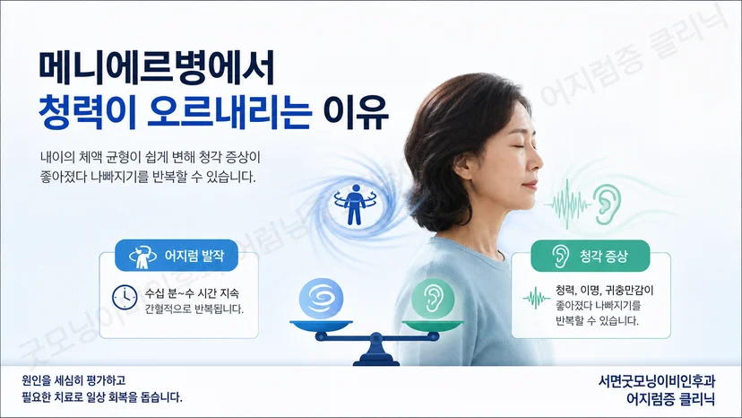 메니에르병의 어지럼과 청각 증상을 함께 설명하는 핵심 이미지