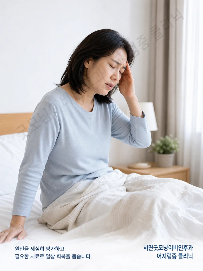 누울 때와 돌아누울 때 발생하는 자세성 어지럼 상황을 보여주는 그림