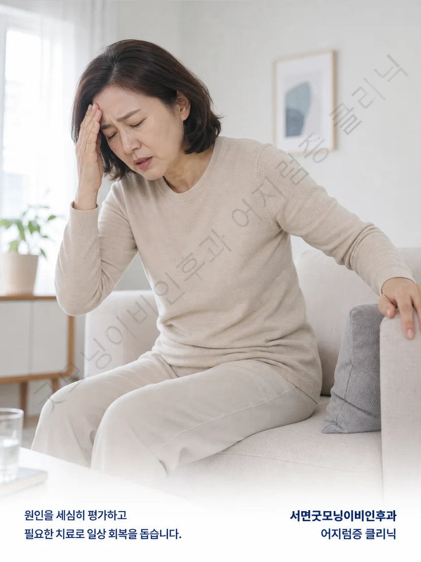 머리 위치 변화와 반복되는 회전성 어지럼 상황을 보여주는 도식