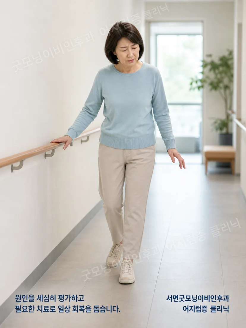 치료 후 천천히 걸으며 균형 상태를 살피는 환자 상황