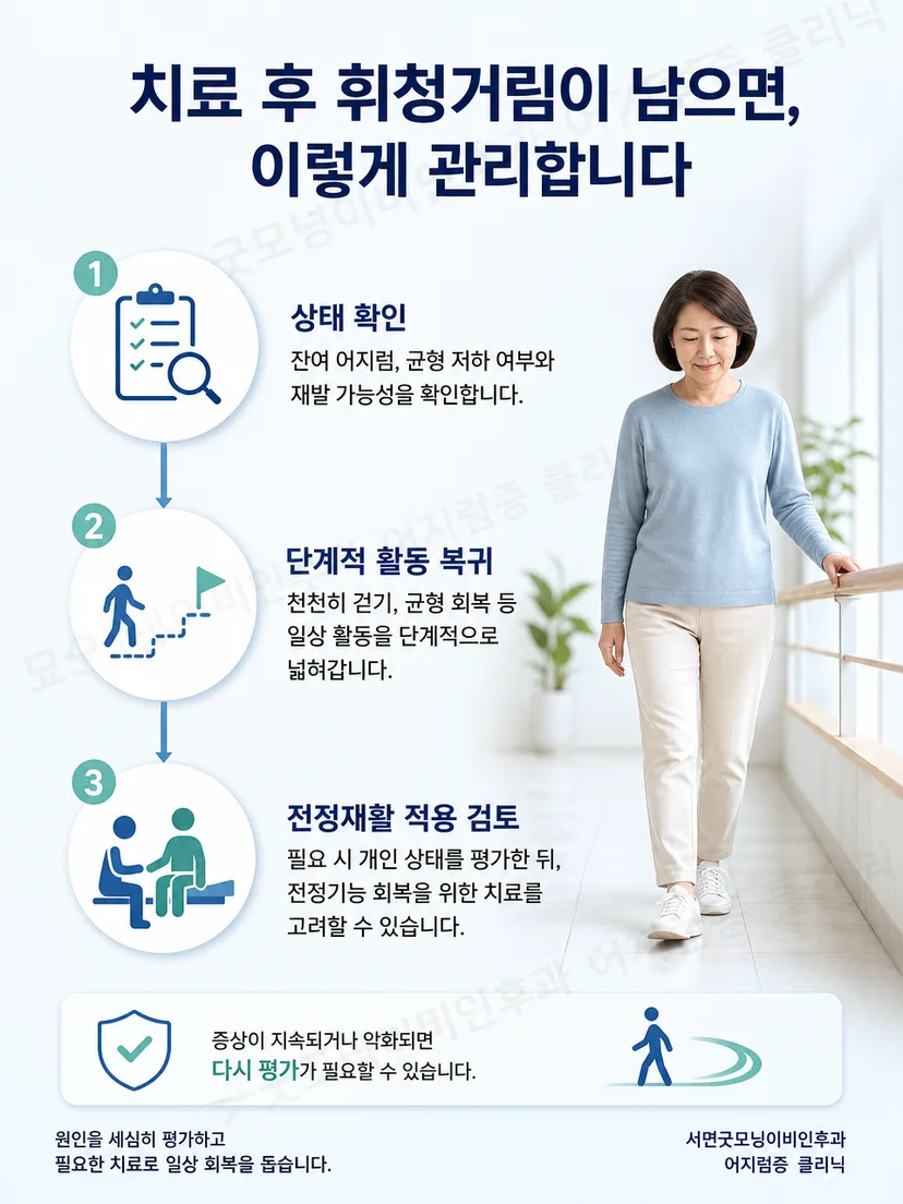 치료 후 안전하게 활동을 늘리고 균형 회복을 관리하는 모습