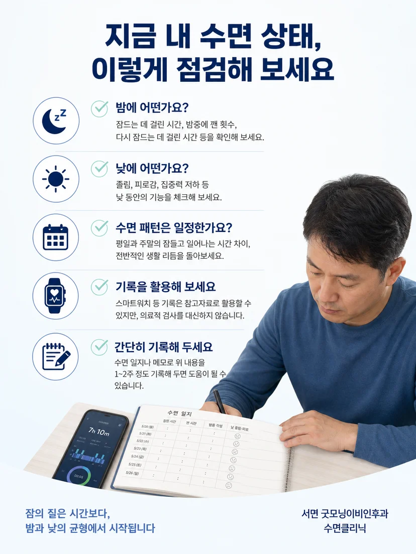 수면 일정과 야간 증상 및 낮 기능을 확인하는 평가 과정 이미지