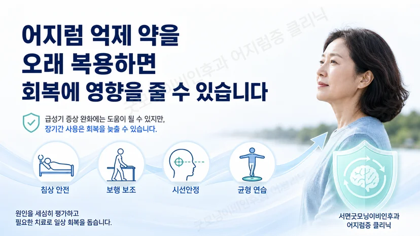 전정신경염 급성기 약물과 회복 단계의 핵심 원칙을 설명하는 그림