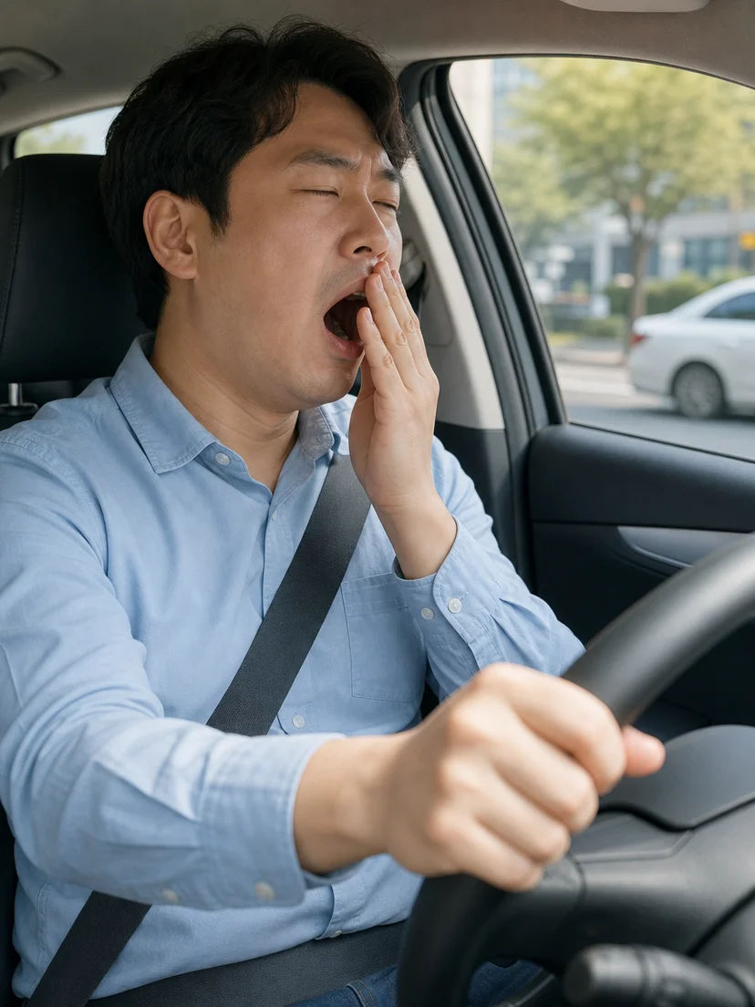 운전 중 눈이 감기고 집중력이 떨어지는 과도한 졸림 상황을 보여주는 이미지
