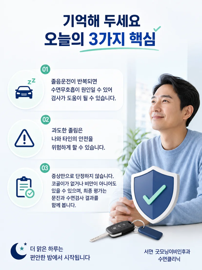 반복되는 졸음운전 시 안전 확보와 의료 평가 순서를 정리한 이미지