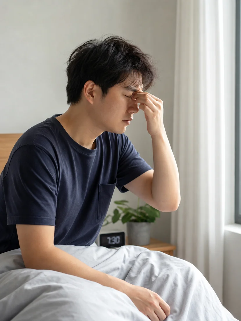 낯선 검사실에서 잠을 설치는 환자의 상황을 보여주는 이미지
