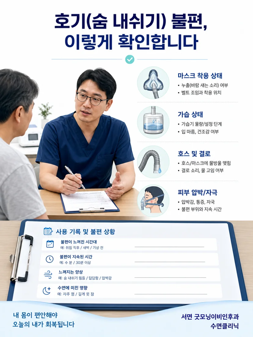 의료진이 양압기 사용 기록과 불편 상황을 확인하는 과정