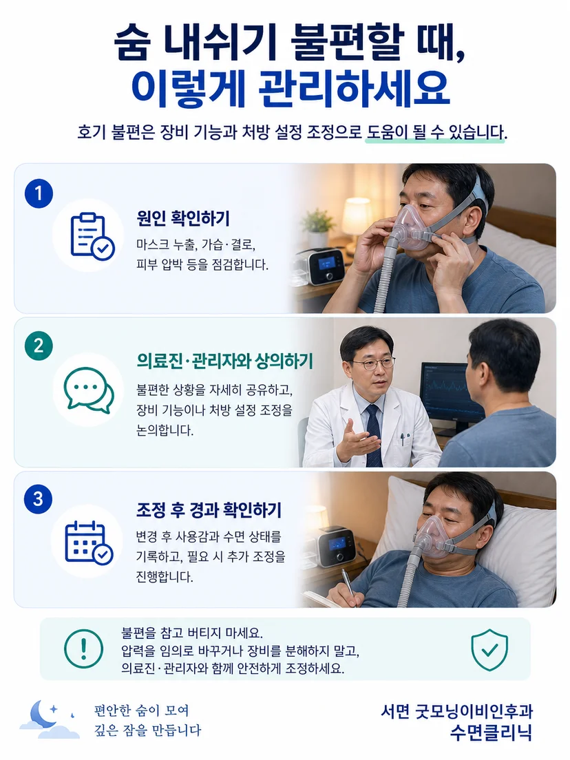양압기 마스크와 가습 상태를 안전하게 점검하는 관리 과정