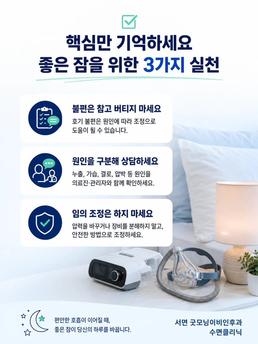 양압기 호기 불편을 기록하고 상담 준비를 하는 요약 이미지