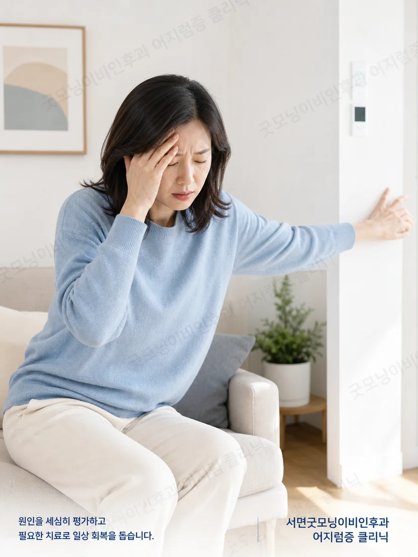 특정 자세에서 어지럼과 안진이 나타나는 환자 상황을 설명하는 그림