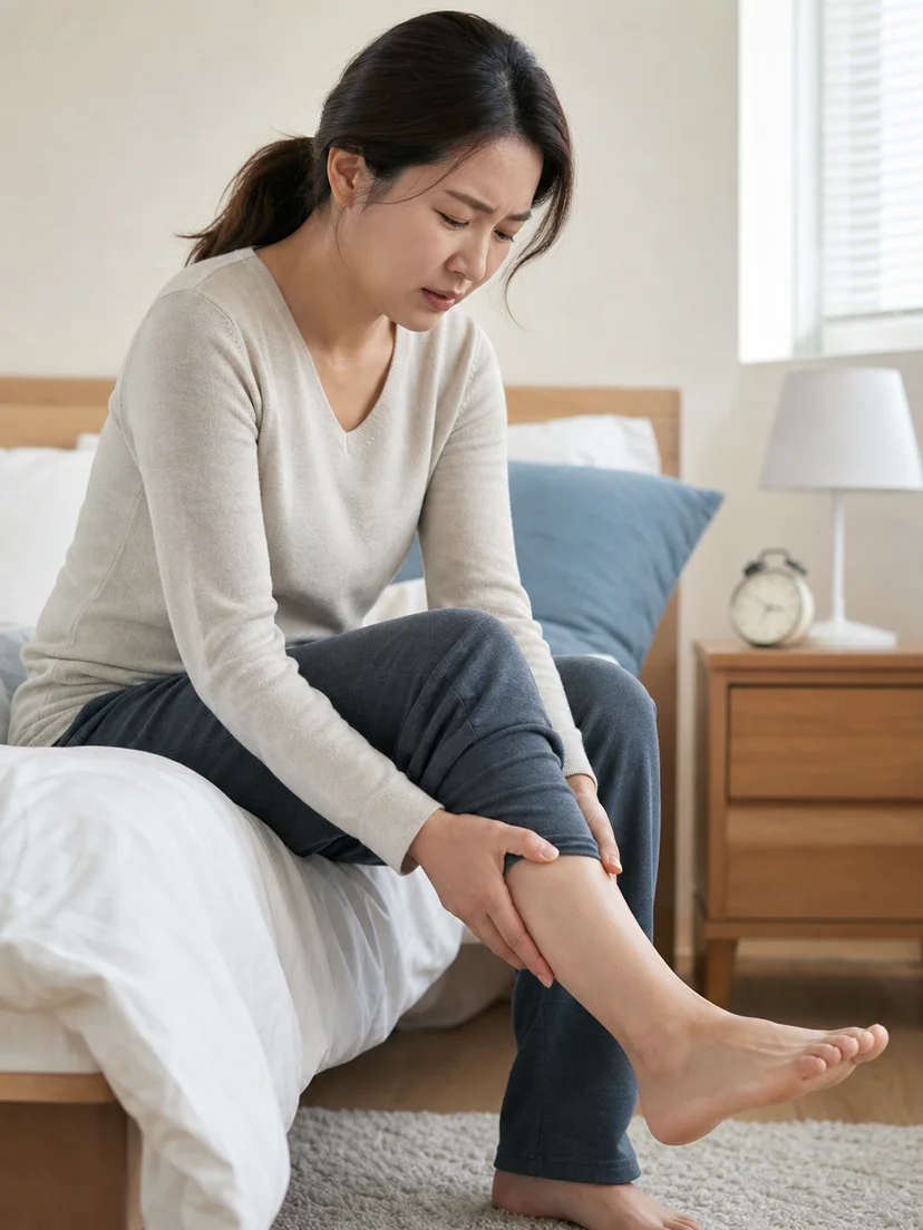 잠들기 전 다리 불편감으로 힘들어하는 환자 상황