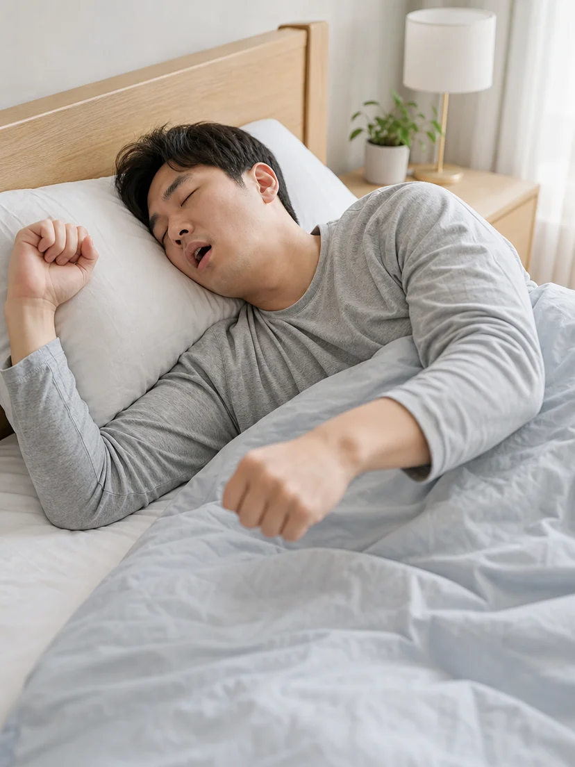 동침자가 수면 중 소리와 움직임을 관찰하는 상황을 표현한 이미지