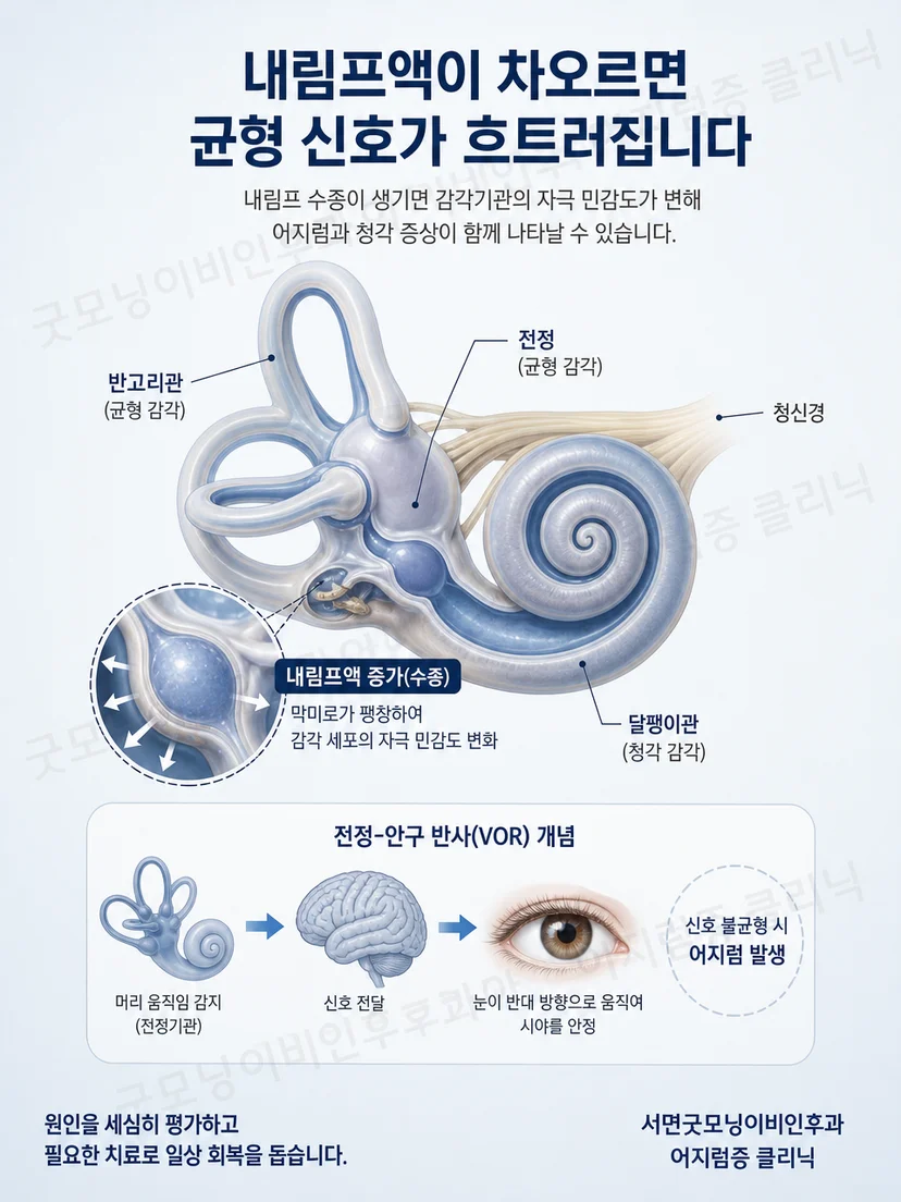 내이의 평형과 청각 기능이 함께 영향을 받을 수 있음을 설명하는 이미지