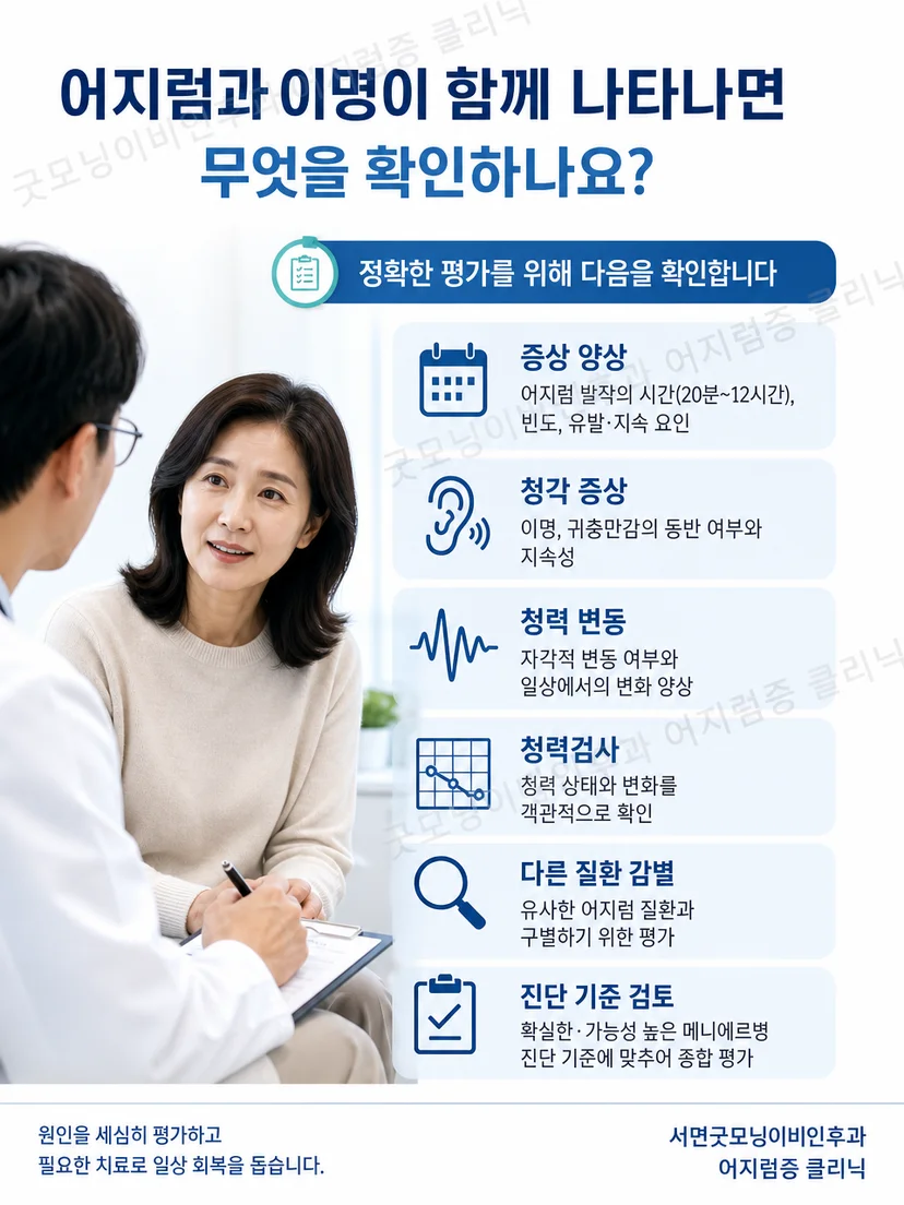 어지럼 병력과 귀 증상 및 청력검사를 종합하는 평가 이미지