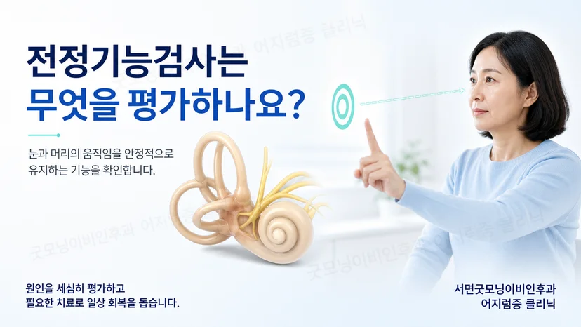 전정기능검사가 시야 안정과 균형 기능을 평가하는 과정을 설명한 이미지
