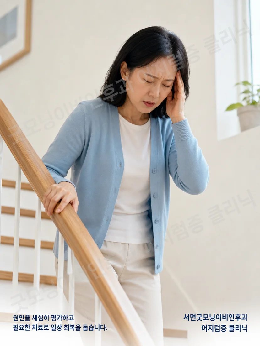 머리를 움직이거나 걸을 때 시야 흔들림과 불균형을 느끼는 환자 상황