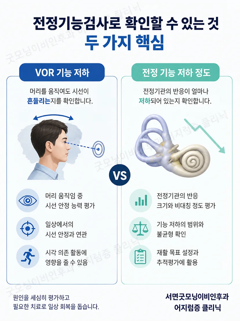 자세에 따른 짧은 어지럼과 움직임 중 지속되는 시야 불편을 구분한 이미지
