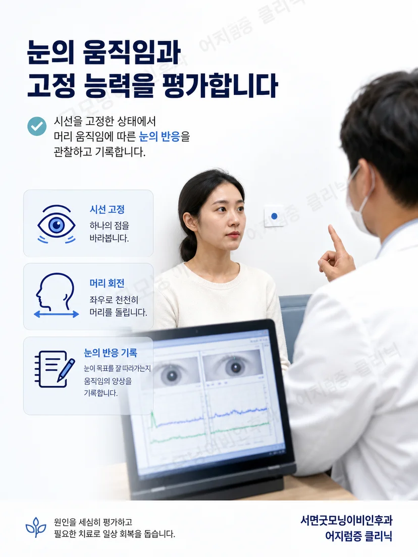 vHIT와 온도안진검사 등 전정기능 평가 항목을 구분해 보여주는 이미지