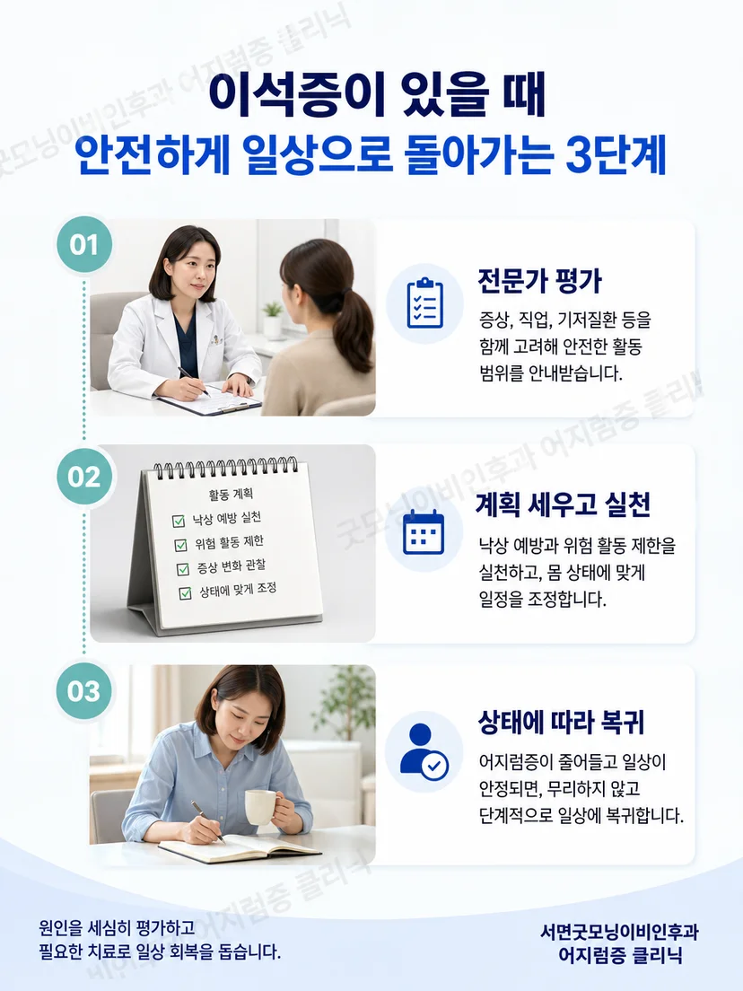 이석증 치료 후 증상 반응을 확인하며 활동을 조절하는 관리 과정