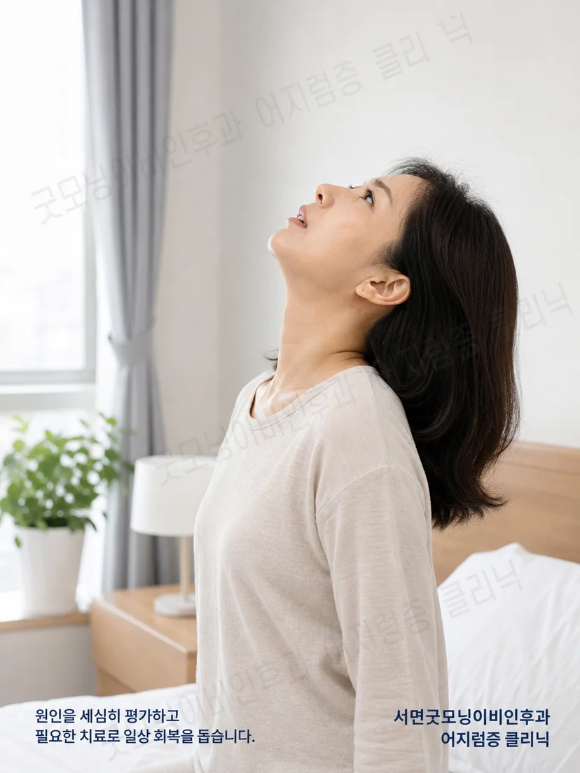 성인이 고개를 뒤로 젖힌 뒤 짧은 어지럼을 느끼는 상황