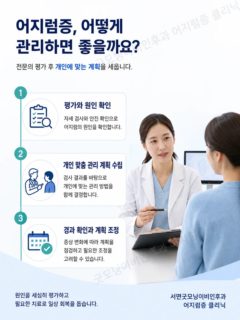 진단 결과에 따라 의료진이 이석치환술과 경과 관리를 결정하는 과정