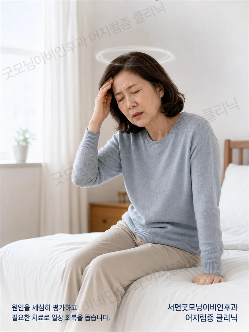 침대에서 돌아눕거나 일어날 때 어지럼을 느끼는 생활 장면