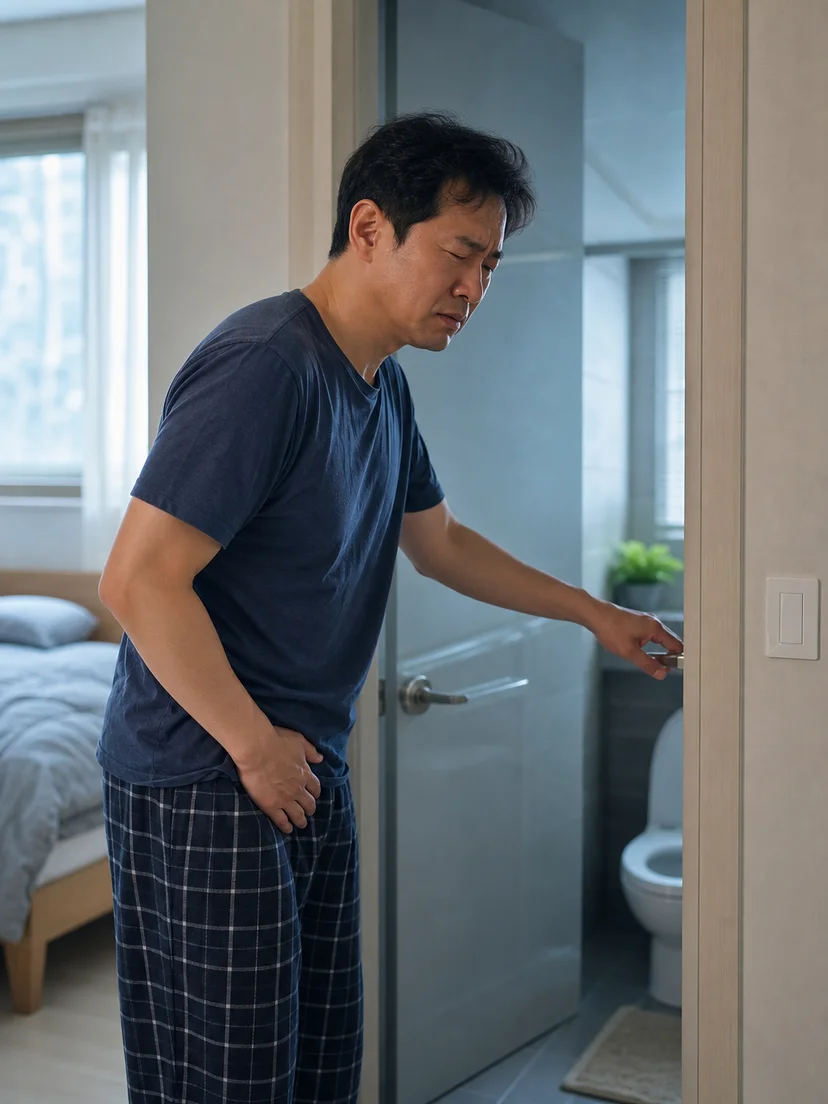밤중 각성과 화장실 이용이 반복되는 환자 상황을 보여주는 이미지