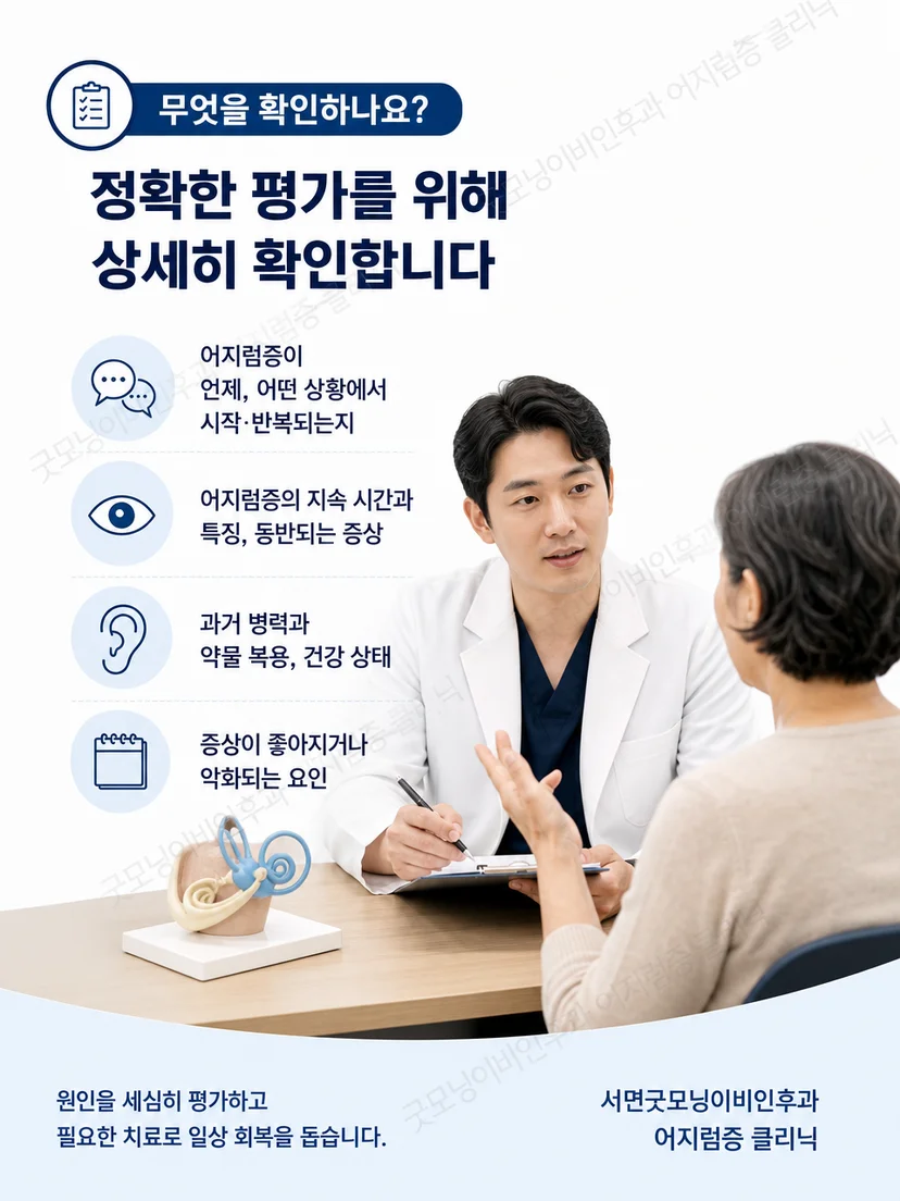 어지럼 발생 자세와 지속 시간 및 진찰 소견을 확인하는 평가 과정
