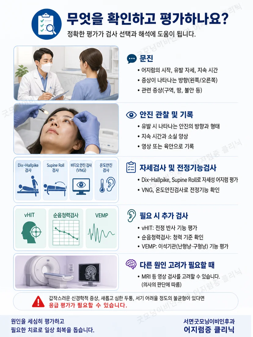 의료진이 환자를 지지하며 안전하게 자세검사와 안진을 관찰하는 모습
