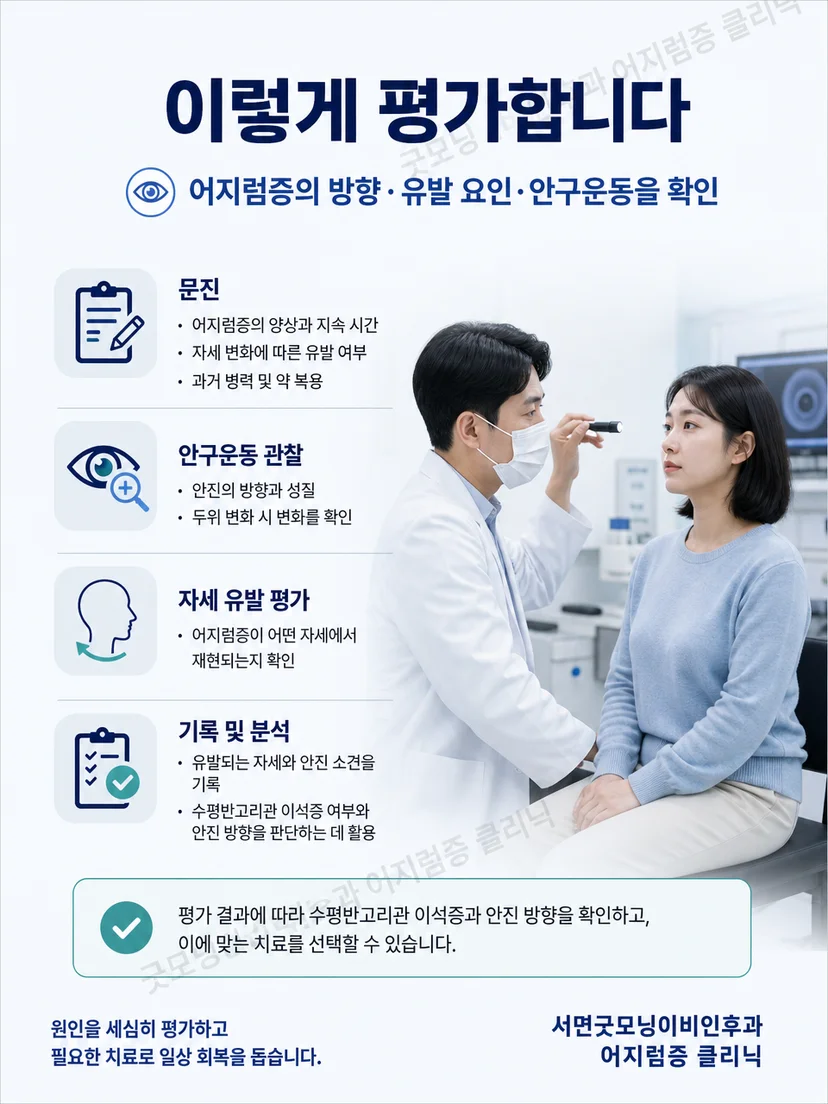 자세검사에서 눈 움직임과 어지럼 반응을 관찰하는 과정