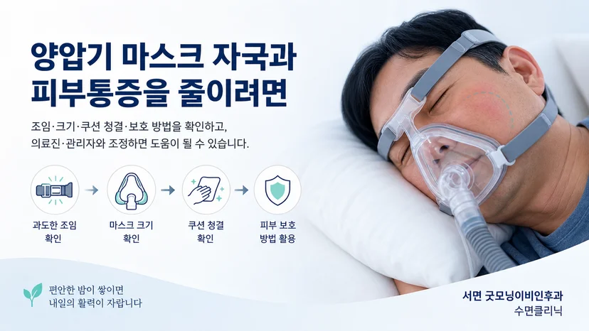 양압기 마스크 자국과 피부통증을 줄이기 위한 착용 점검 안내