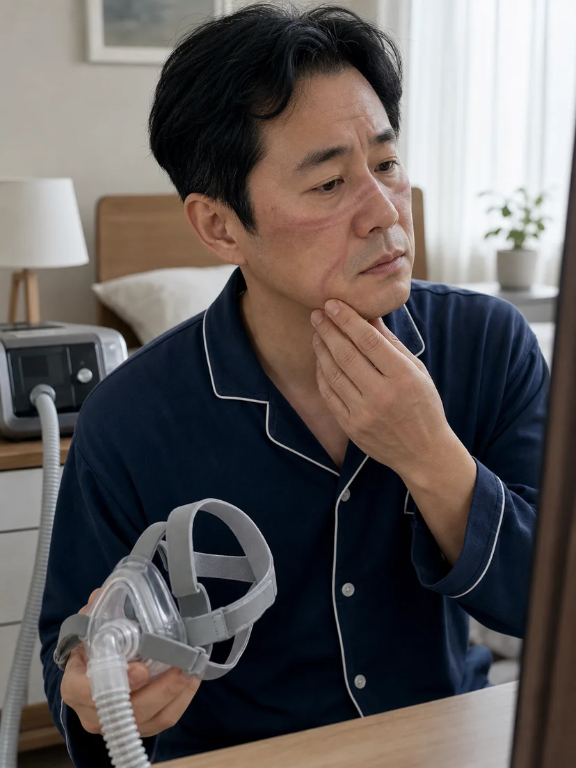 양압기 사용 후 얼굴 자국과 피부 불편을 확인하는 상황