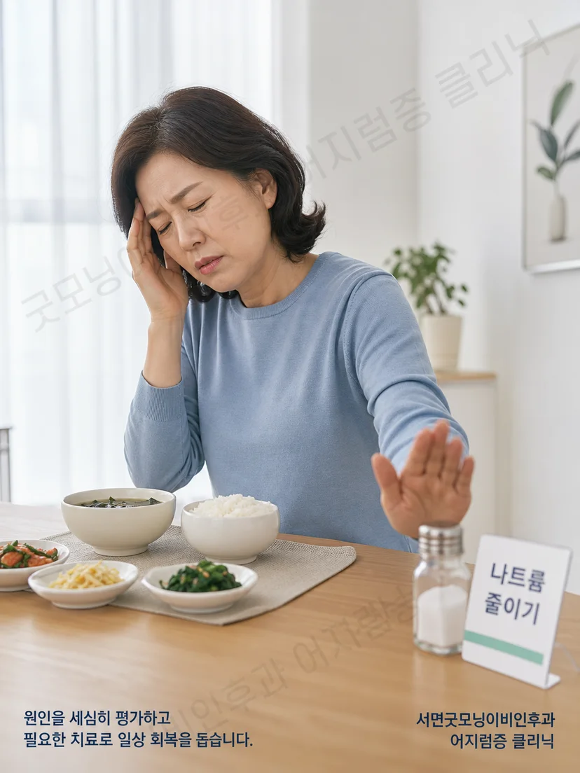 짠 식사와 메니에르병 증상 변화를 기록하는 환자 상황 이미지