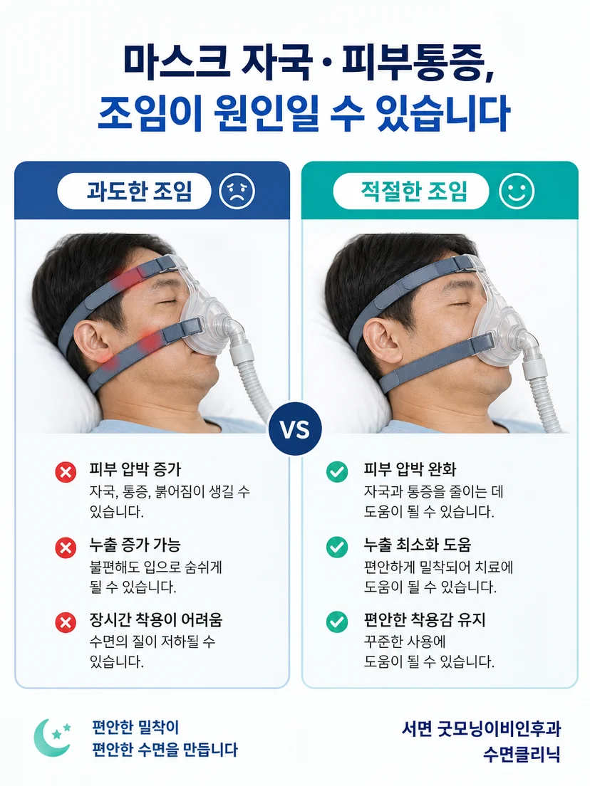 마스크 누출과 피부 압박의 차이를 구분하는 안내