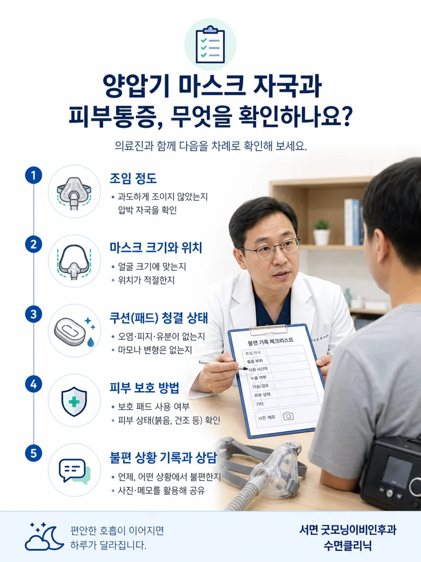 양압기 마스크 착용 상태와 피부 불편을 평가하는 과정