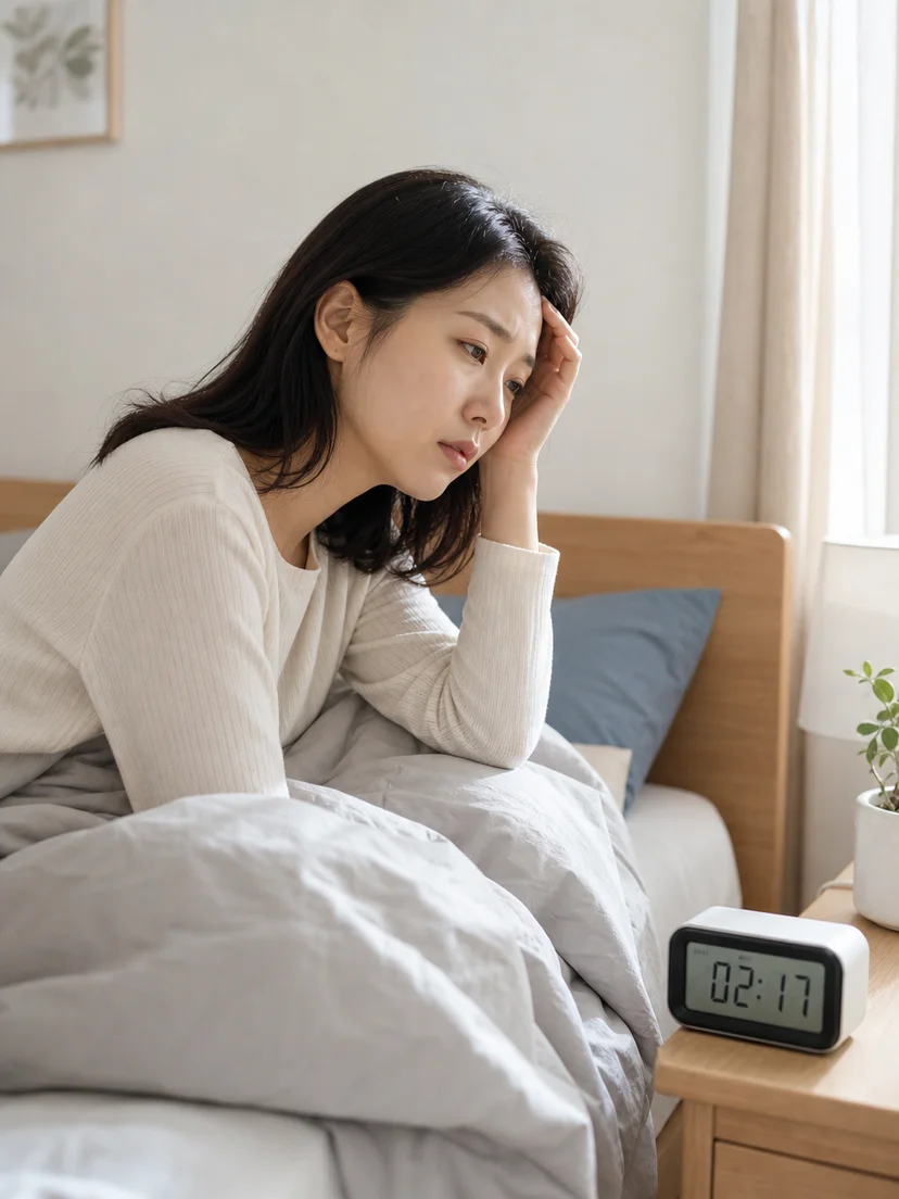 침대에서 반복적으로 시간을 확인하는 불면 상황 이미지