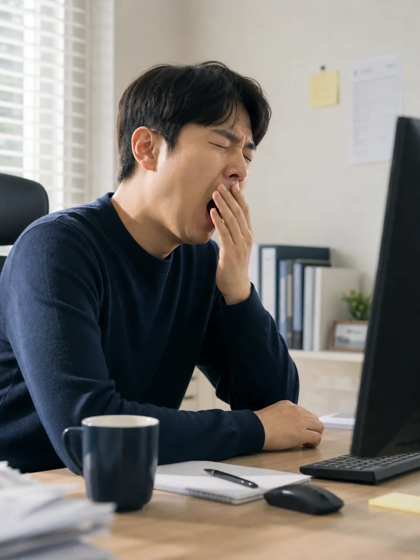 주간 졸림으로 학업과 업무에 어려움을 겪는 상황을 보여주는 이미지