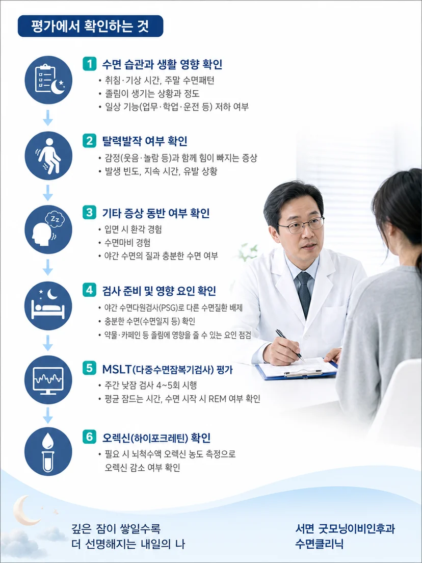 야간 수면검사 후 낮 시간 MSLT로 이어지는 평가 흐름 이미지