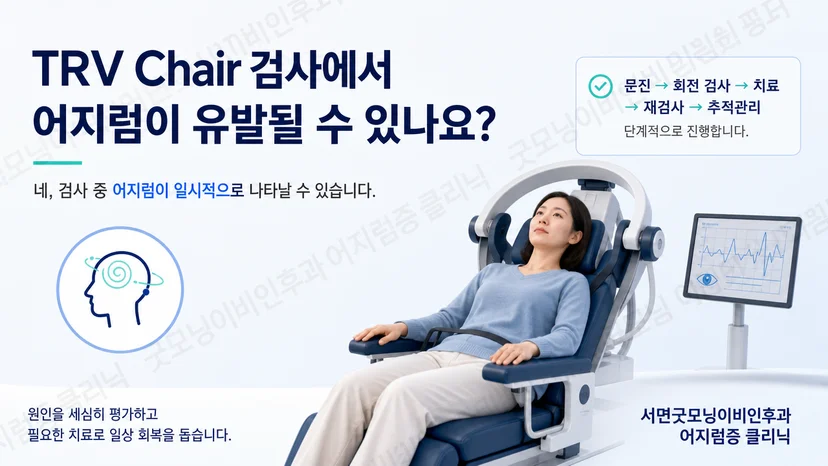 TRV Chair 검사 중 자세 변화와 어지럼 관찰을 설명하는 그림