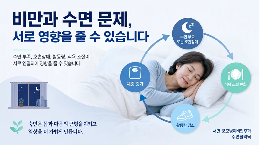 체중과 수면 문제가 서로 영향을 주는 관계를 설명하는 그림
