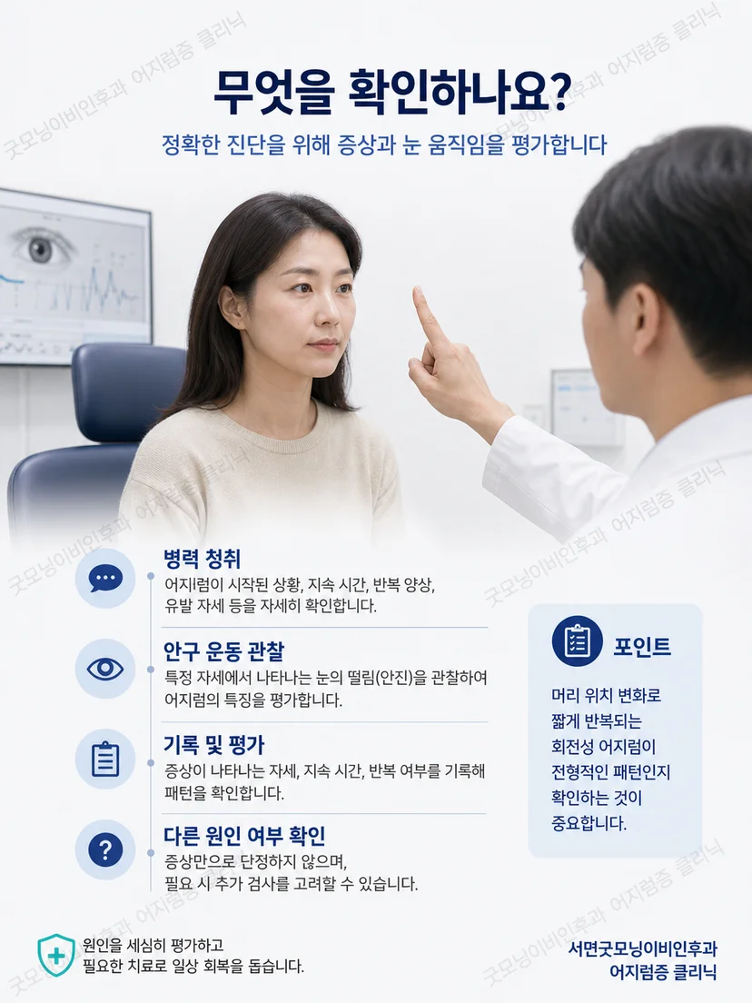 의료진이 자세 변화와 안진을 관찰하는 이석증 평가 과정