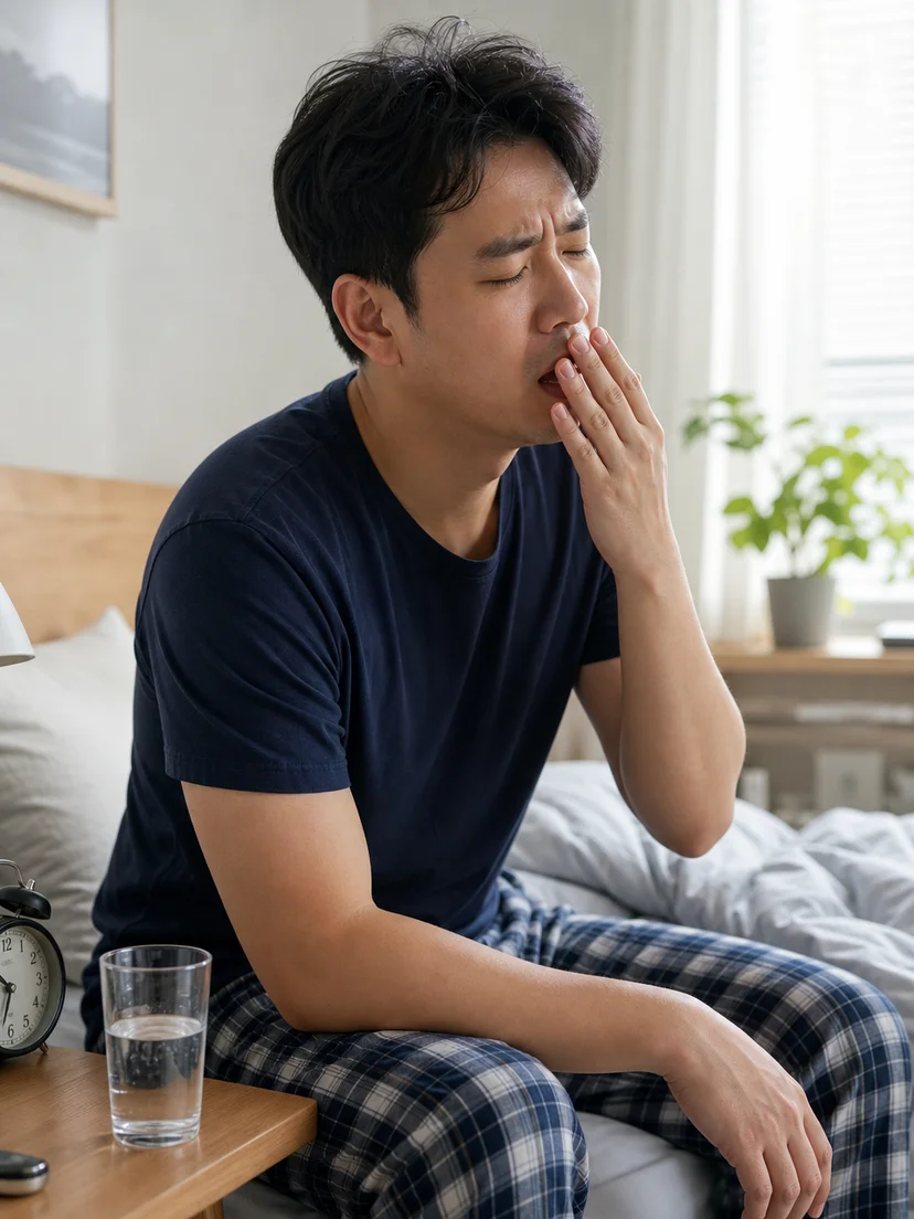 잠에서 깬 뒤 입마름을 느끼는 환자의 상황을 보여주는 이미지