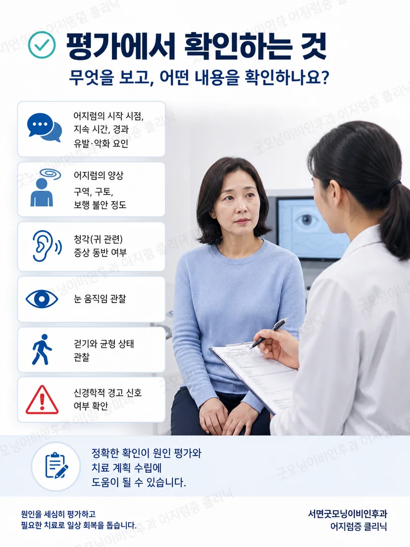 의료진이 급성 지속성 어지럼의 병력과 눈 움직임을 평가하는 과정