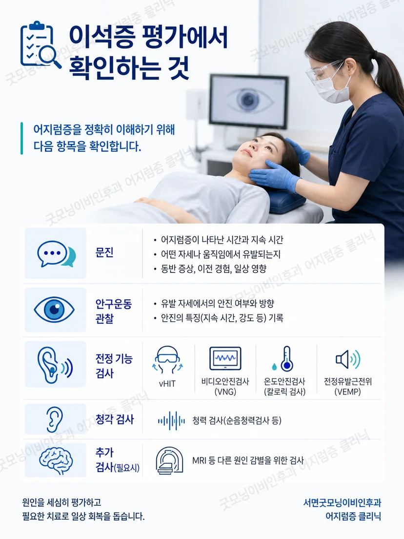 의료진이 안전을 고려해 자세검사와 안진을 관찰하는 모습