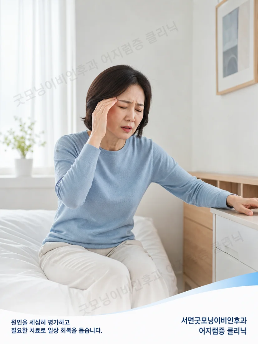 머리 자세 변화로 어지럼이 유발되는 환자 상황 도식