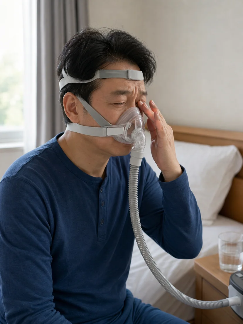 양압기 사용 중 눈 시림과 건조감을 느끼는 환자 상황