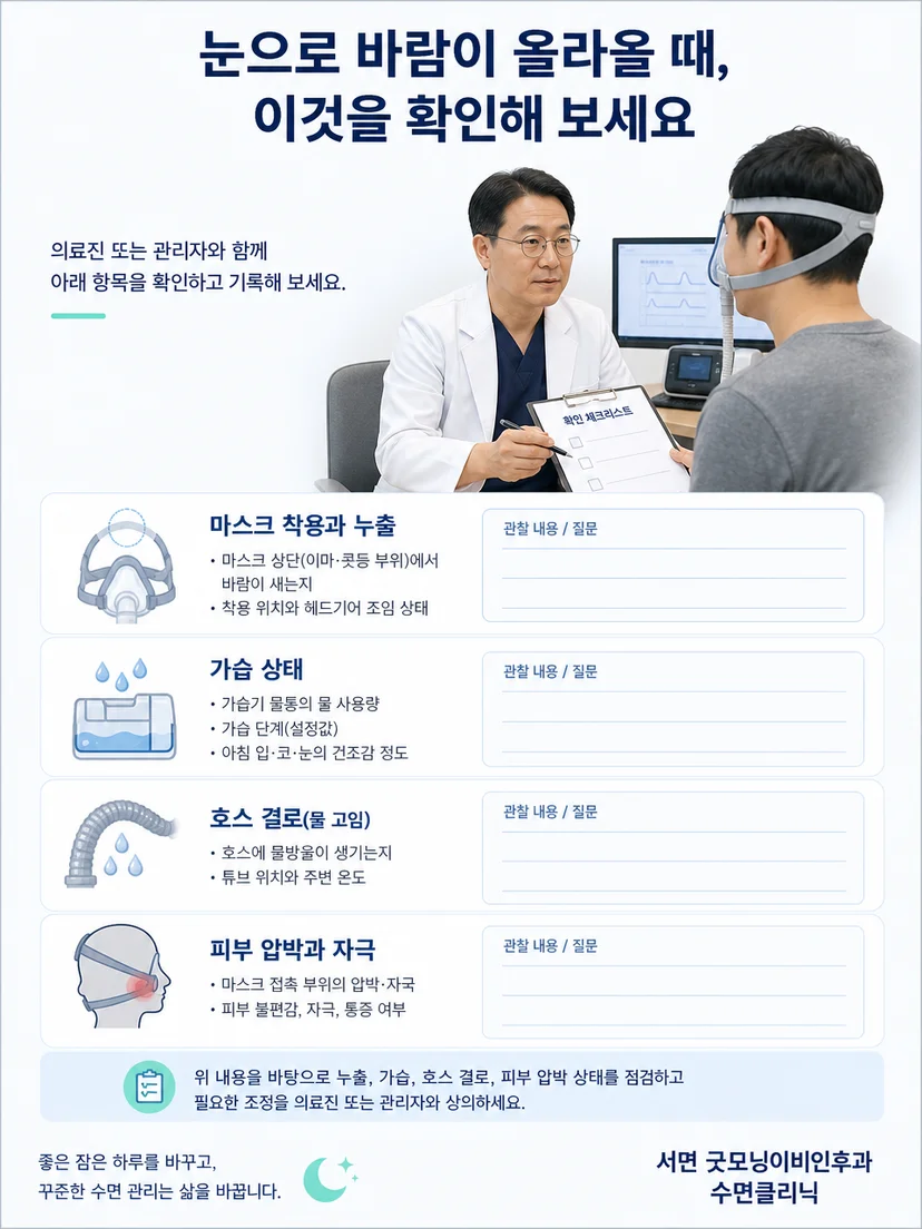 진료실에서 양압기 마스크 위치와 누출을 확인하는 과정